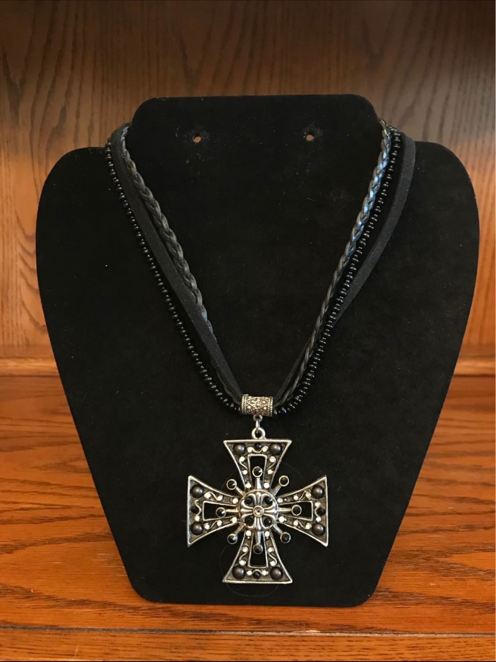 F.A.I.T.H Vintage Black Leather Multi-Strand Cross Pendant Necklace